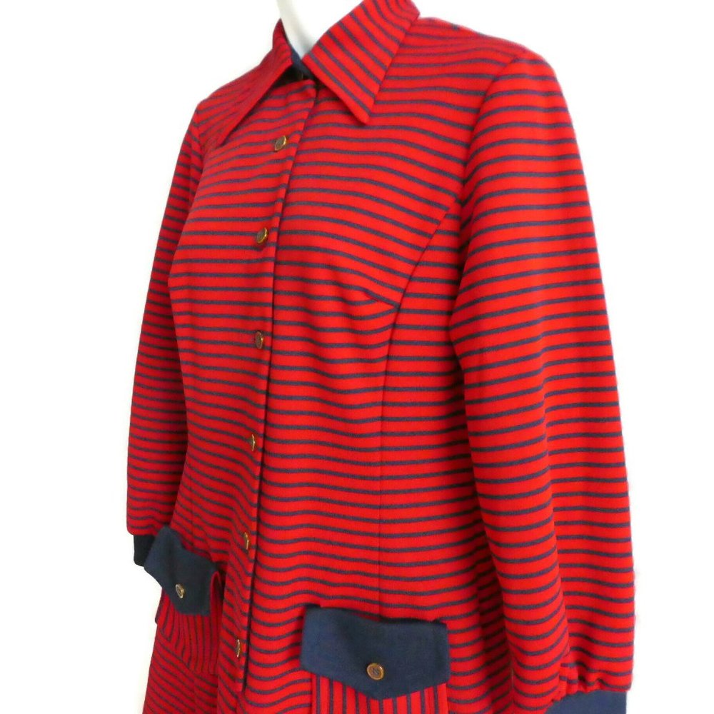 Vintage 60s Parkshire Dress Double Knit Stripes Mod Red Navy Pockets Dagger M L